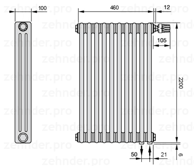 Схема (чертеж) Радиатор Zehnder Charleston 3220/10 №V002 Белый глянцевый RAL 9016